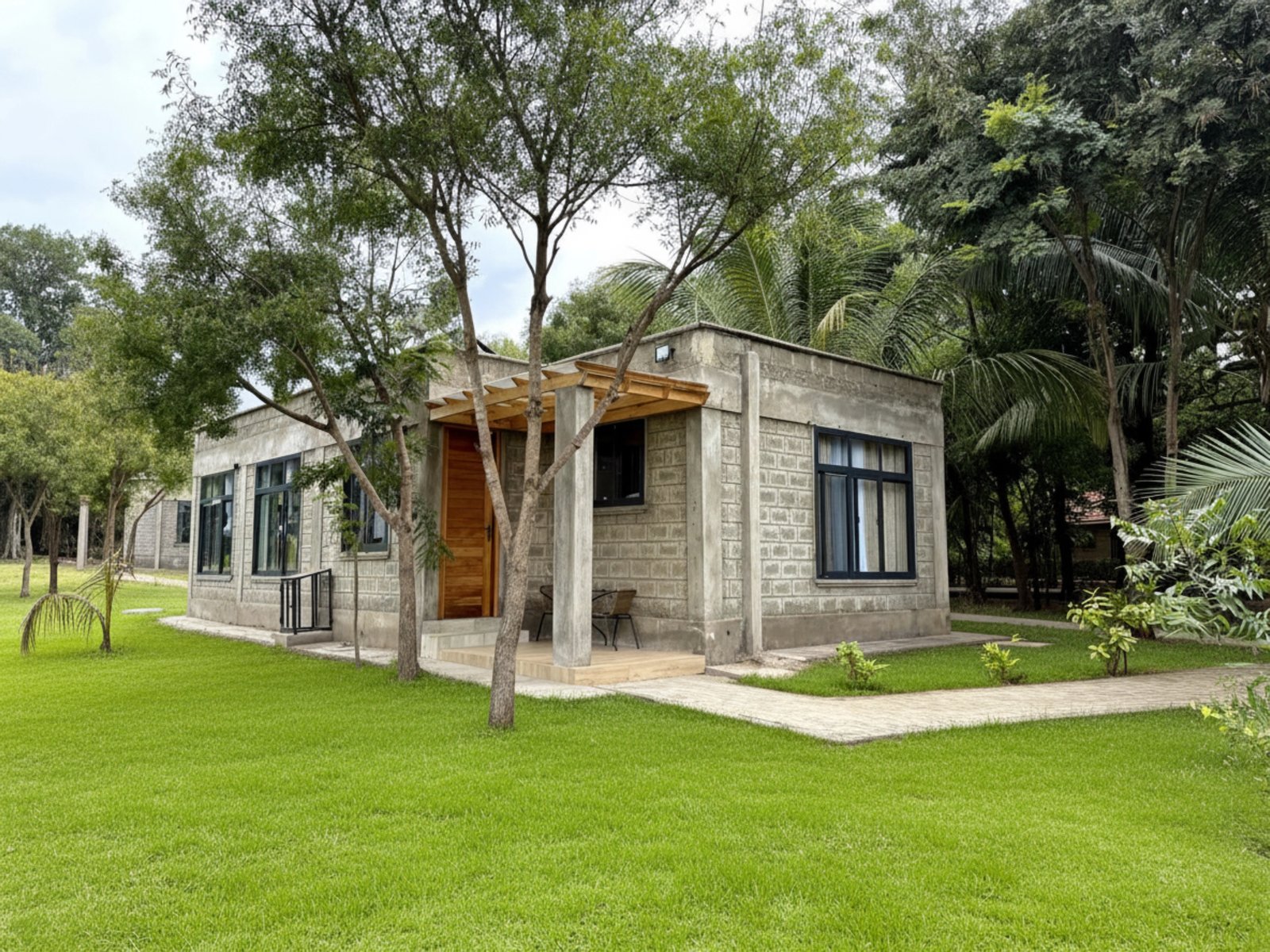 Garden Cottage exterior beneath mature palms